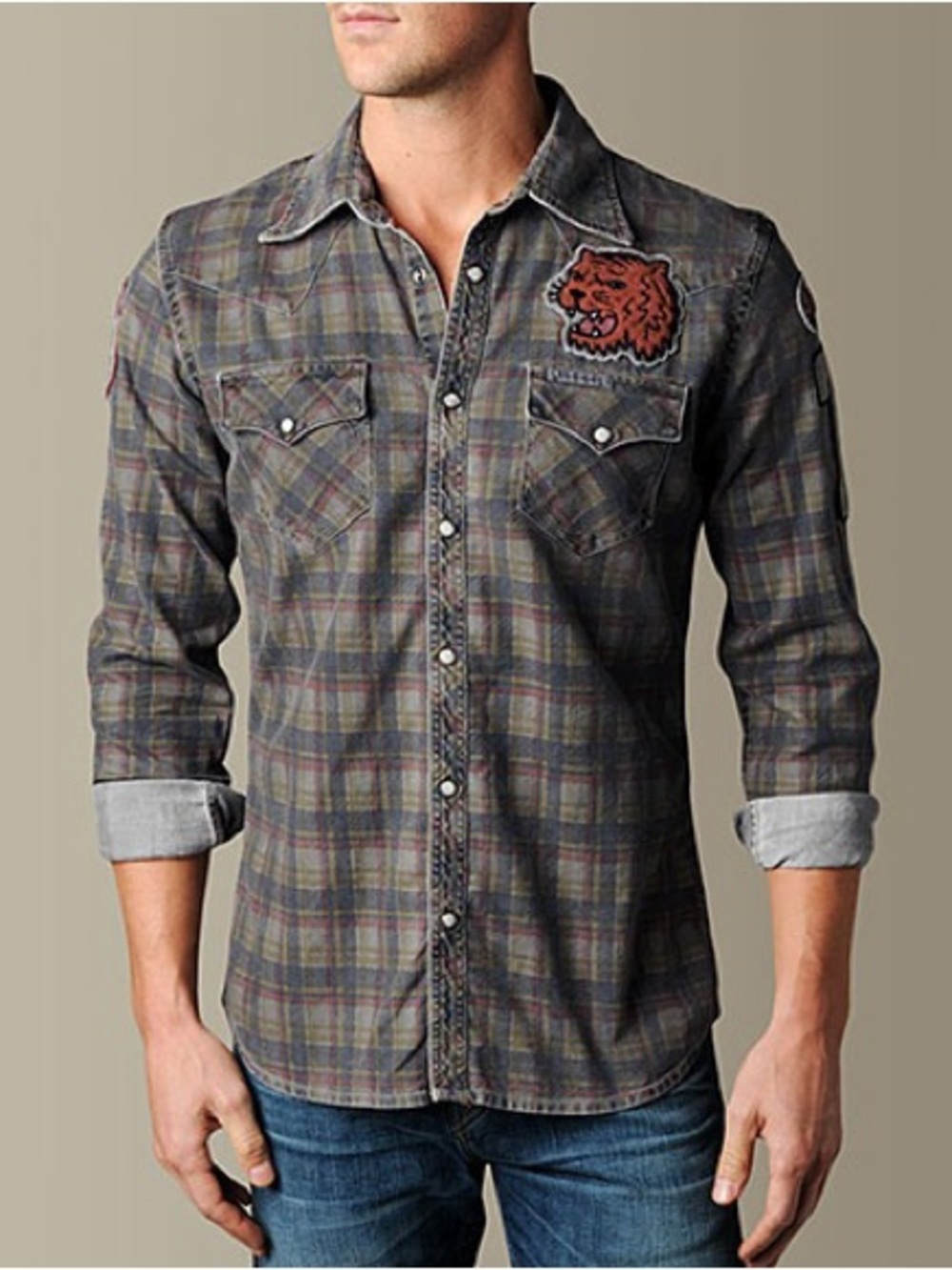 True Religion Football Plaid Pearl Button Shirt
